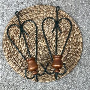 Green Metal and Brown Wood Wall Sconces Candle Holder Home Decor Accents